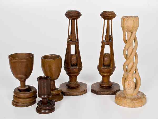 Appraisal: Group of Folk Art Carved Candle Sticks Plus American Three