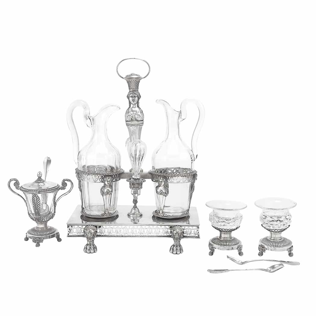 Appraisal: French Silver and Glass Condiment Service Paris th century Comprising