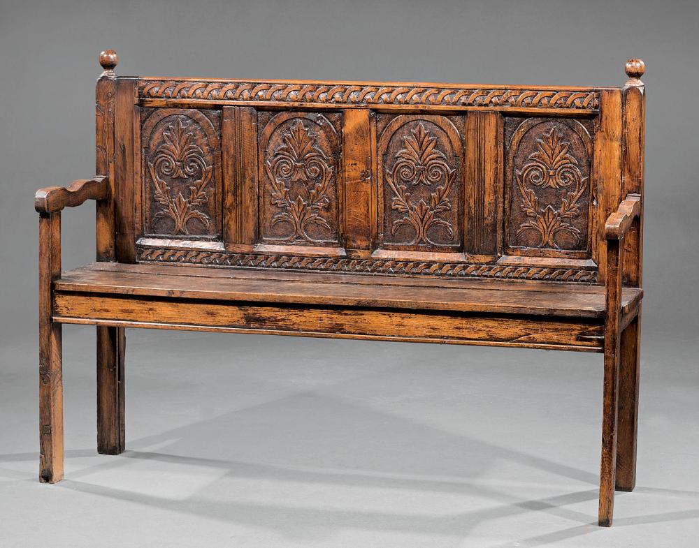 Appraisal: English Carved Oak Hall Bench th c turned finials back