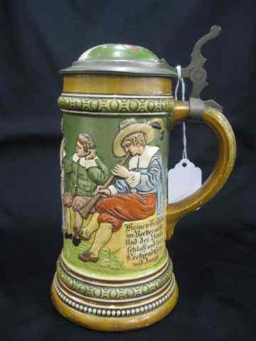 Appraisal: H R German Pottery Stein rooster inlaid lid festive scene