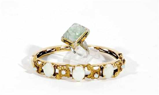 Appraisal: Victorian opal bangle bracelet and jade ring bracelet centered by