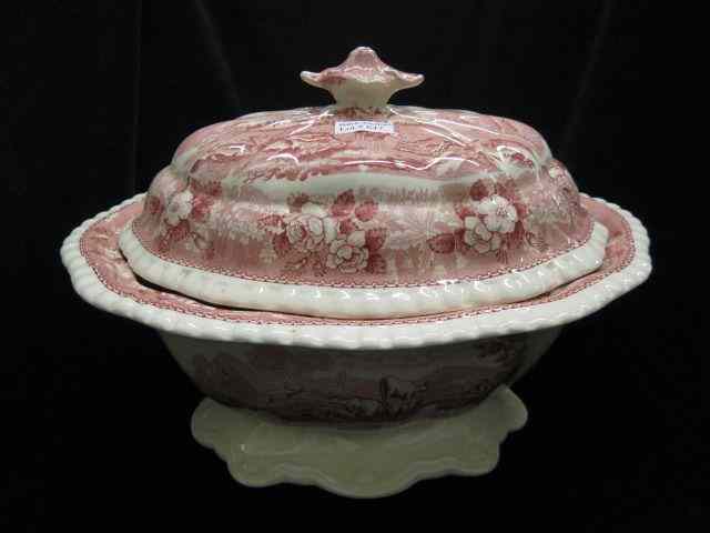 Appraisal: Adams Red Transferware Ironstone SoupTureen ''English Scene'' with farm animals