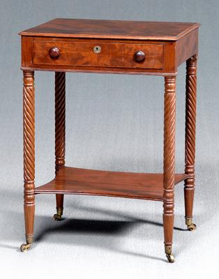 Appraisal: Fine Federal mahogany sewing stand highly figured mahogany veneers drawer