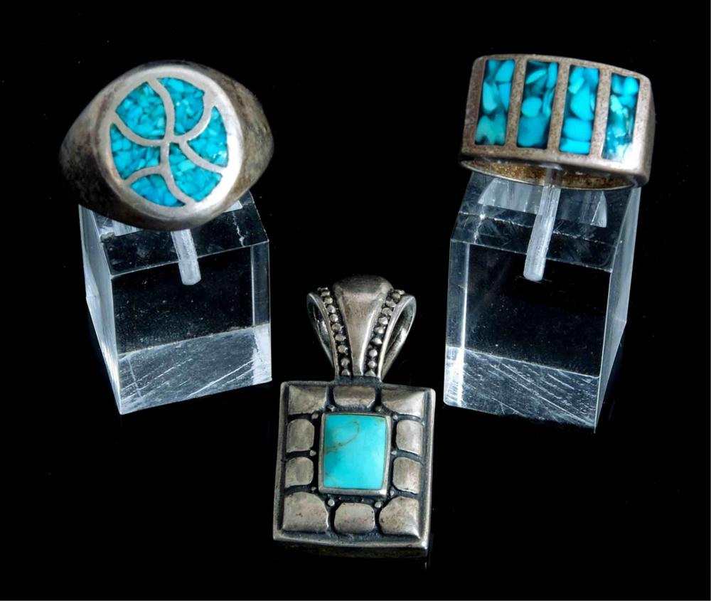 Appraisal: GROUP TWO STERLING TURQUOISE RINGS W PENDANTTwo sterling silver and