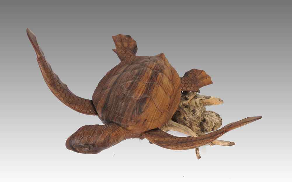 Appraisal: LIFE LIKE CARVED WOOD SEA TURTLE On a driftwood base