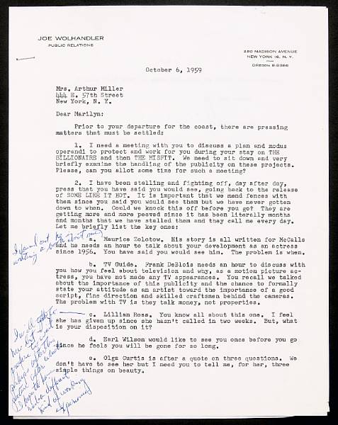 Appraisal: A Marilyn Monroe annotated letter from her press agent A