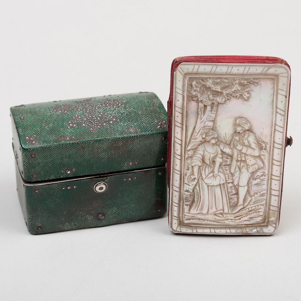 Appraisal: English Shagreen Writing Set and a Mother-of-Pearl Card Case The