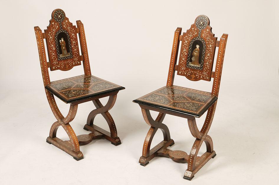 Appraisal: A PAIR OF ITALIAN IVORY AND MARQUETRY SIDE CHAIRS the