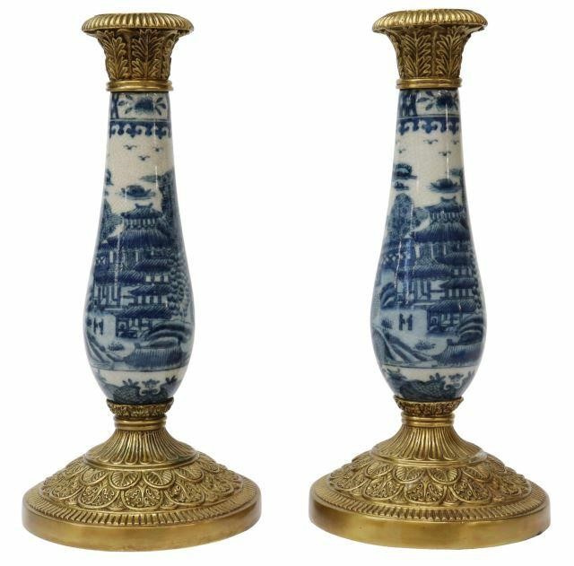 Appraisal: pair Decorative bronze-mounted blue and white porcelain candlesticks late th