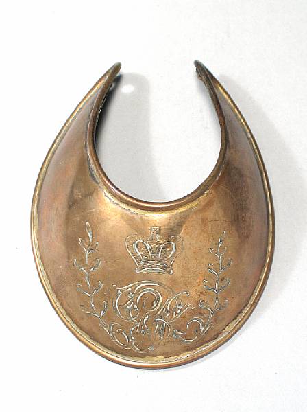 Appraisal: A Georgian officer's universal pattern gorget The copper gorget engraved