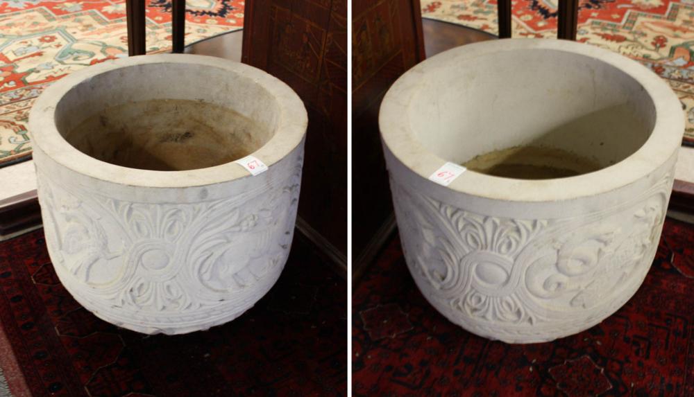 Appraisal: PAIR OF CAST CONCRETE GARDEN PLANTERS round bowl form with