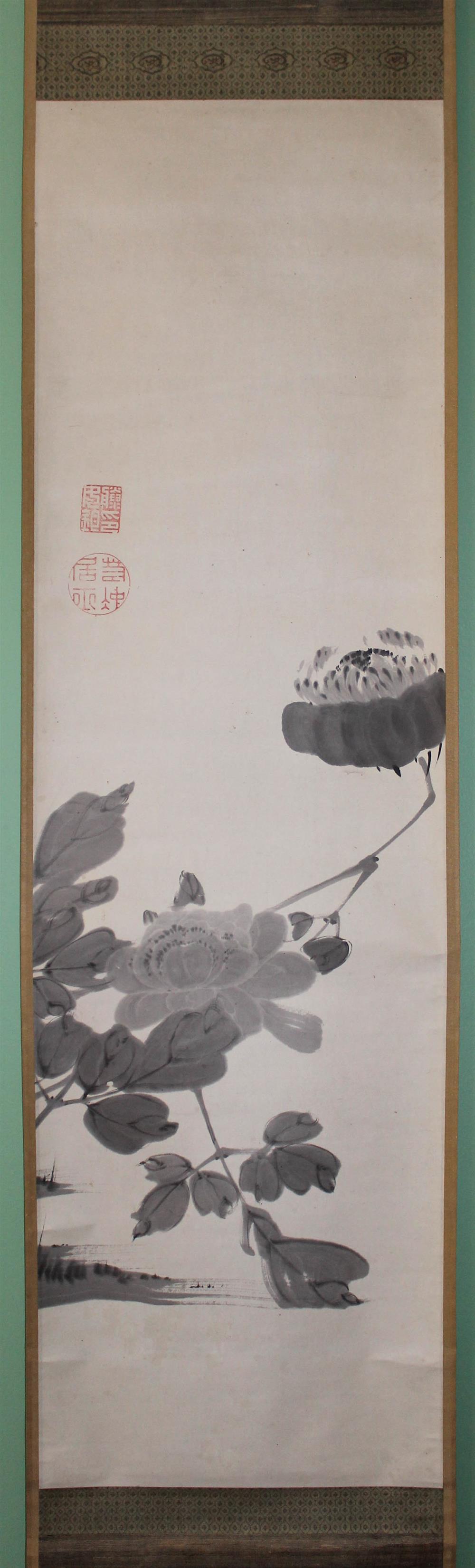 Appraisal: JAKUCHU JAPANESE - TWO PEONY FLOWERS Ink on paper mounted