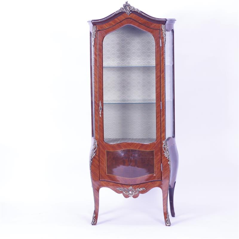 Appraisal: French Bombe style ormolu mounted vitrine curio cabinet flame mahogany