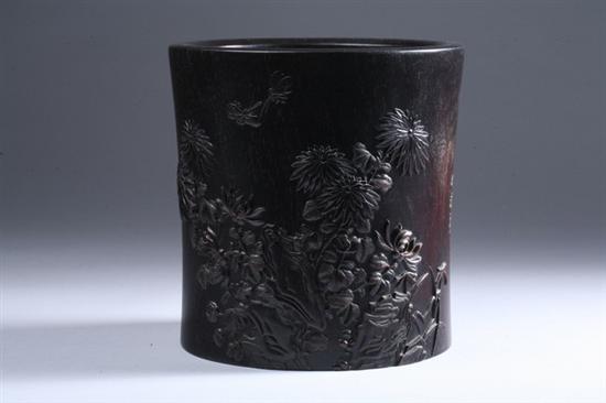 Appraisal: CHINESE ZITAN BRUSH HOLDER th century Floral decoration in relief