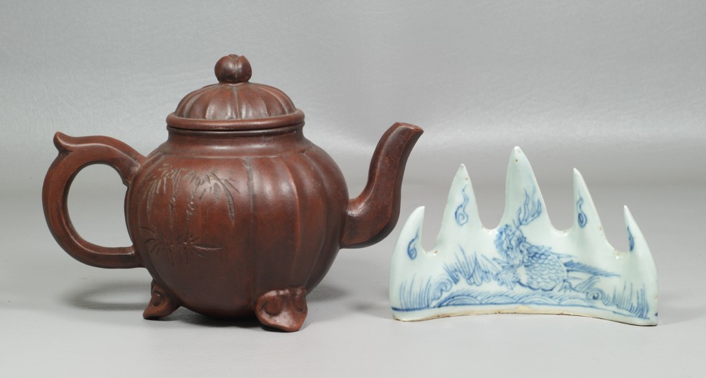 Appraisal: Chinese pcs to include an Yixing teapot with bamboo decoration