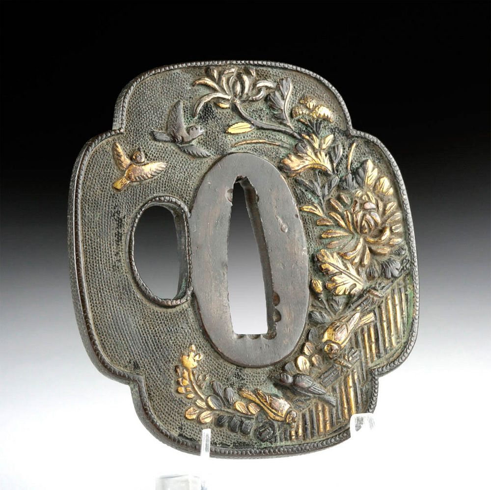 Appraisal: th C Japanese Gilded Iron Tsuba with Birds Flowers Originally