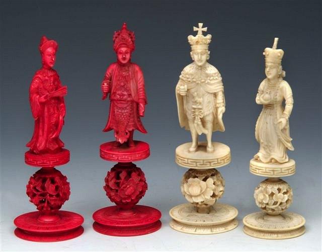 Appraisal: AN ORIENTAL CARVED IVORY CHESS SET of figures standing on