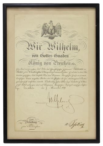 Appraisal: Framed German document signed by the Emperor of Germany and