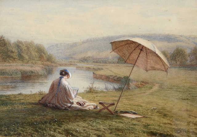 Appraisal: WALTER FIELD - Lady sat sketching by a river signed