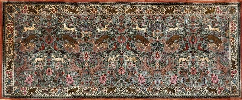 Appraisal: A PERSIAN POLYCHROME SILK WILD GAME WALL HANGING RUNNER POSSIBLY