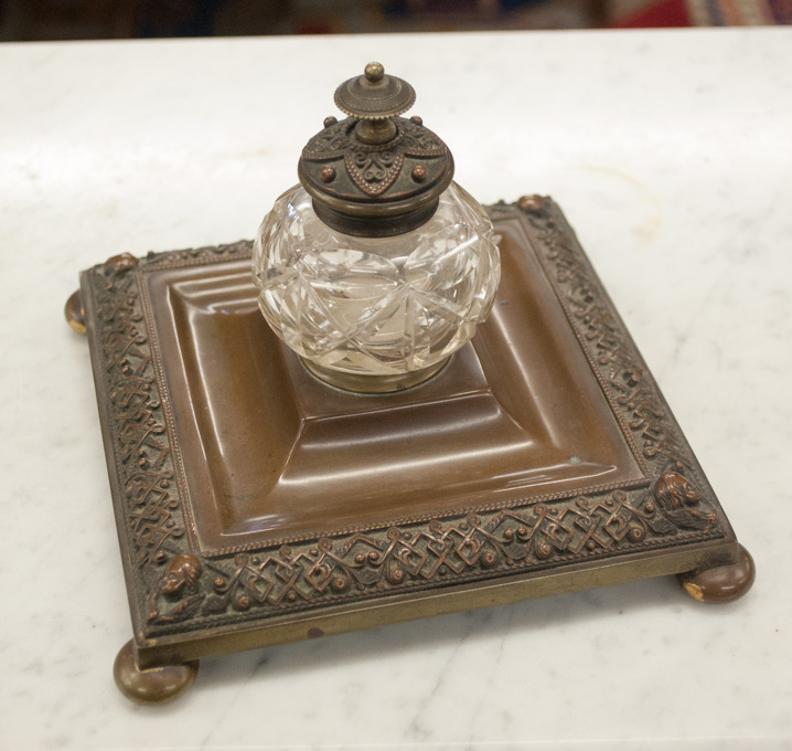 Appraisal: BRONZE FOOTED INKSTAND square form raised on bun feet and