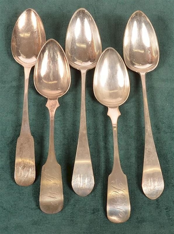 Appraisal: Five Various American Coin Silver Table Spoons Five Various American