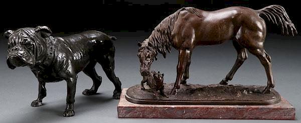 Appraisal: A PAIR OF BRONZE FIGURES A BULLDOG AND A HORSE