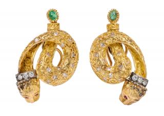 Appraisal: A Pair of Karat Yellow Gold Diamond Emerald and Ruby