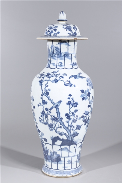 Appraisal: Chinese blue and white covered porcelain vase with birds and