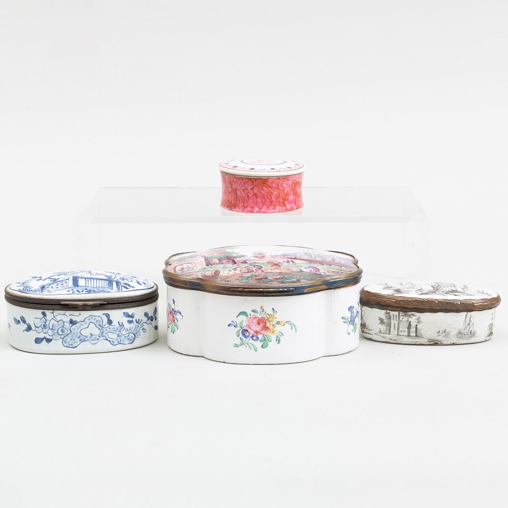 Appraisal: Three English Enamel Boxes and a Leeds Porcelain Box Comprising