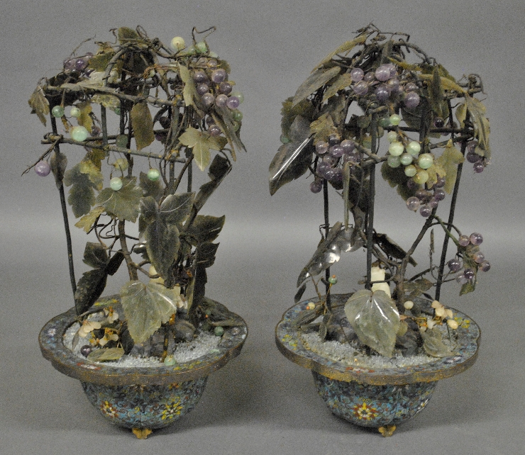 Appraisal: - Pair of cloisonn planters th c with carved stone