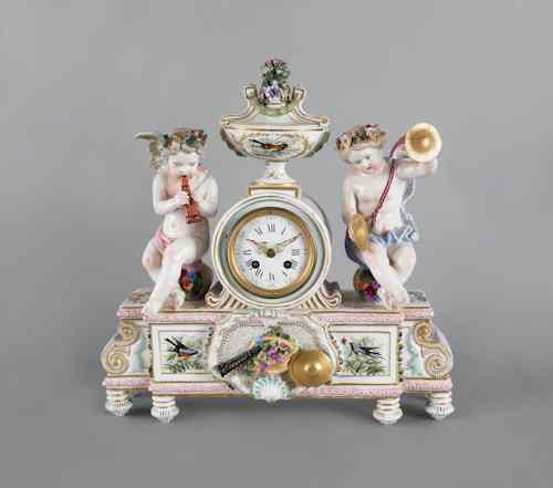 Appraisal: Meissen type porcelain mantel clock with putti figures h w