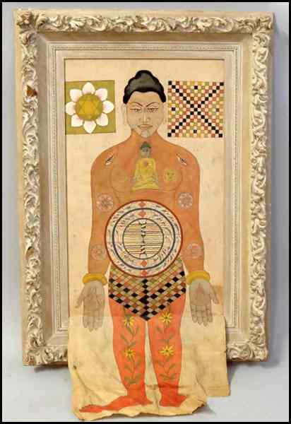 Appraisal: FRAMED TIBETAN PAINTING STANDING DIETY Mixed media on silk partially