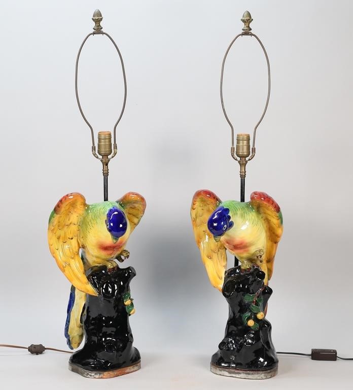 Appraisal: Pair of Italian pottery parrot lamps One marked Italy Mounted