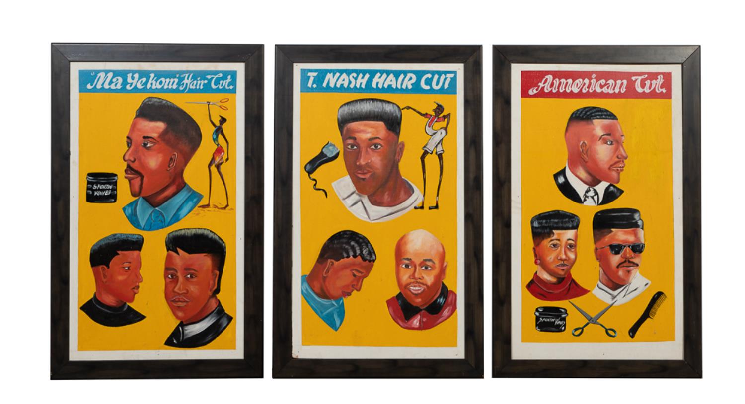 Appraisal: THREE FRAMED BARBER SHOP ILLUSTRATIONS ON BOARD American Cut Ma