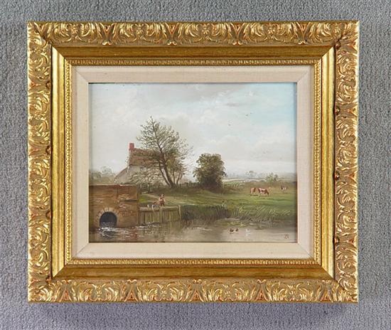 Appraisal: Oil on Masonite Landscape th Century With figures pond and