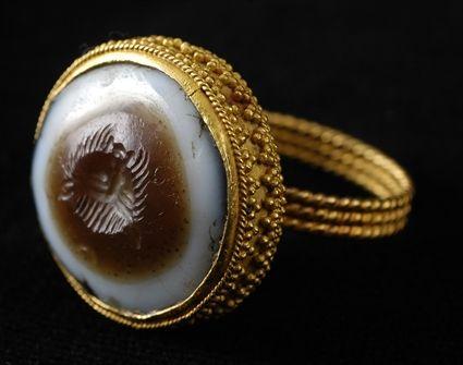 Appraisal: Persian Agate Gem Set in a Granulated Gold Ring