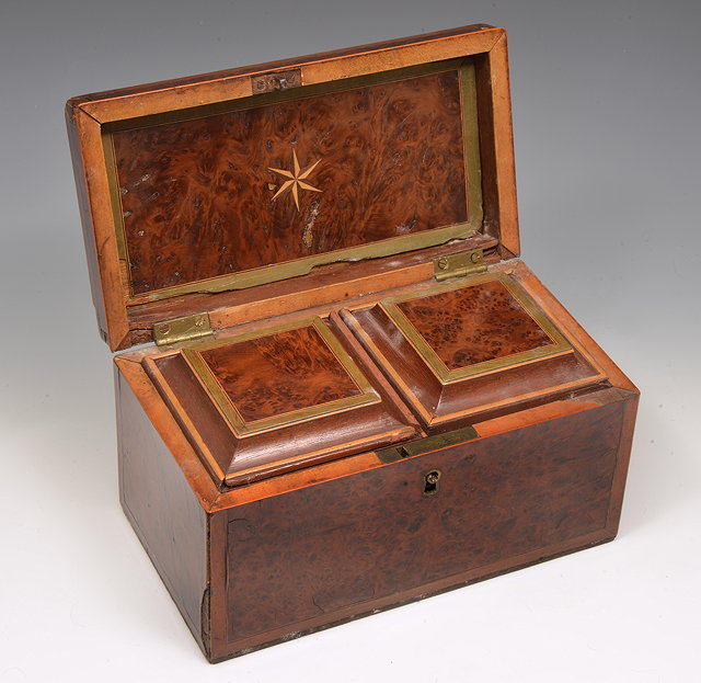 Appraisal: A GEORGIAN BURR WOOD TEA CADDY with boxwood stringing and