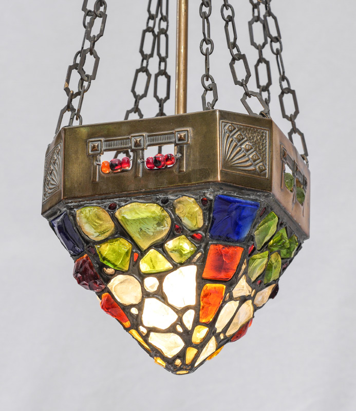 Appraisal: AUSTRIAN JEWELED CHUNK GLASS HANGING LIGHT Downward pyramid shade with