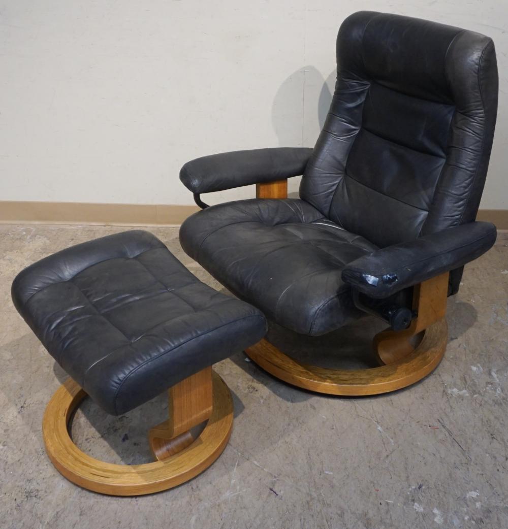 Appraisal: Ekoines Norwegian Mid-Century Modern Fruitwood Black Leather Stressless Lounge Chair