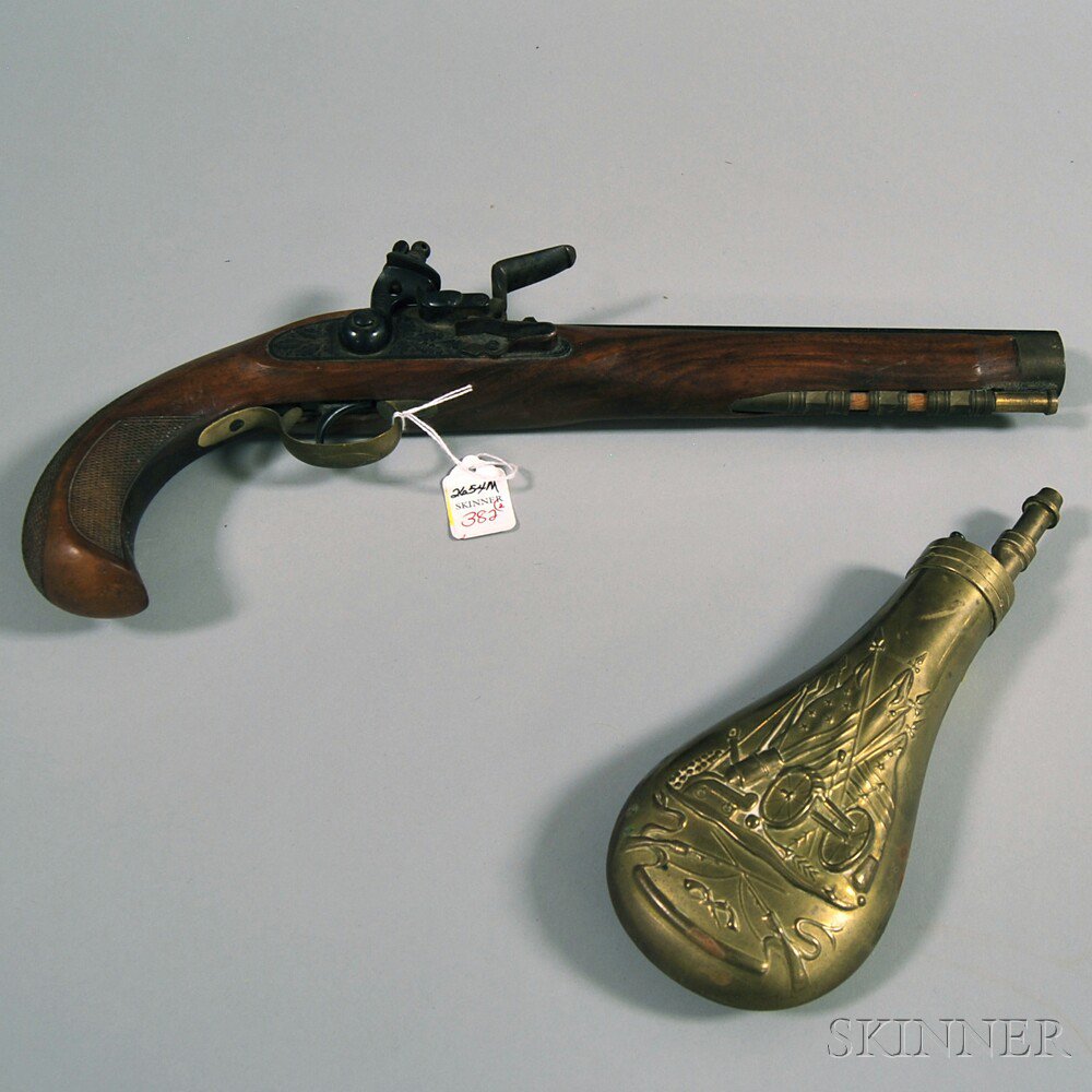 Appraisal: Reproduction Flintlock Pistol with Powder Flask c replica pistol with