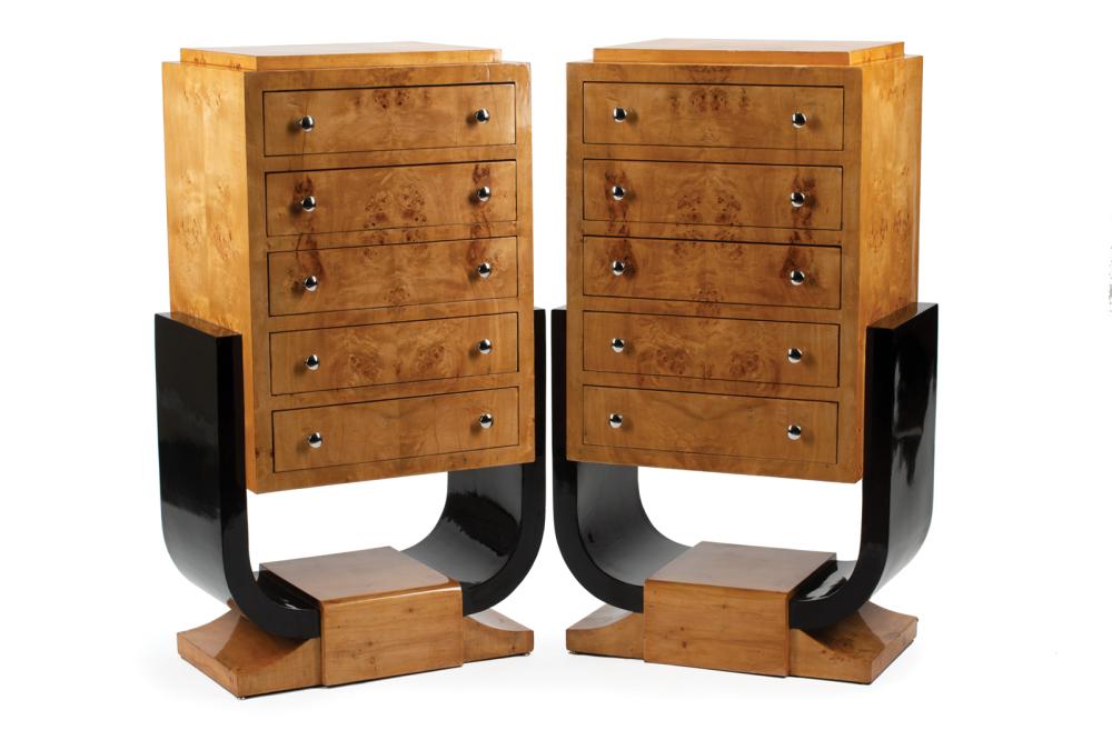 Appraisal: Pair of Art Deco-Style Parcel Ebonized Tall Chests five drawers