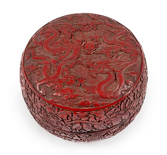 Appraisal: A Large Chinese Cinnabar Lacquer Box Height x diameter inches