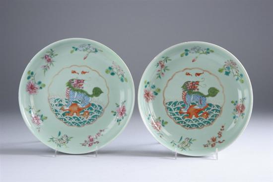 Appraisal: PAIR CHINESE FAMILLE ROSE PORCELAIN SHALLOW PLATES Qianlong mark th