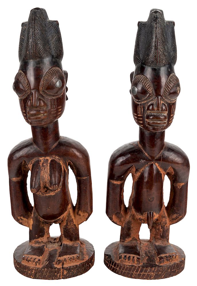 Appraisal: A PAIR OF HARDWOOD YORUBA IBEJI STATUES NIGERIA A PAIR