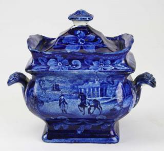 Appraisal: th c deep blue Staffordshire historical transferware covered sugar bowl