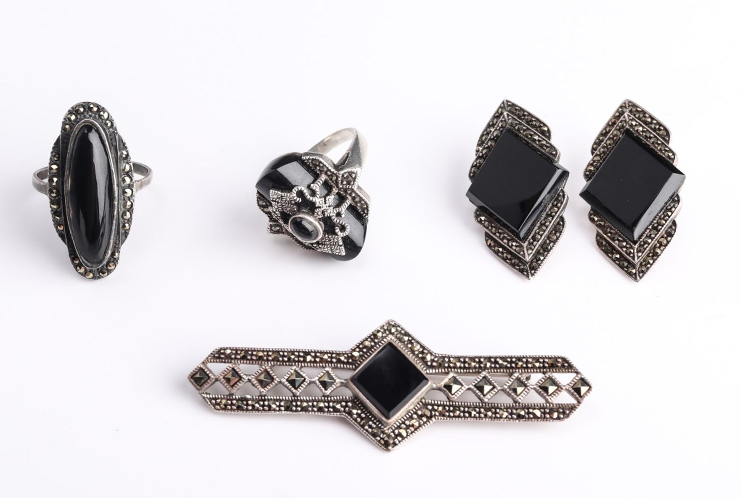 Appraisal: VINTAGE SILVER ONYX AND MARCASITE SUITE PCS Vintage silver onyx