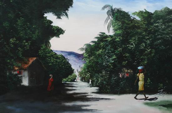 Appraisal: LOUVERTURE POISSON Haitian - LANDSCAPE IN A VILLAGE signed dated