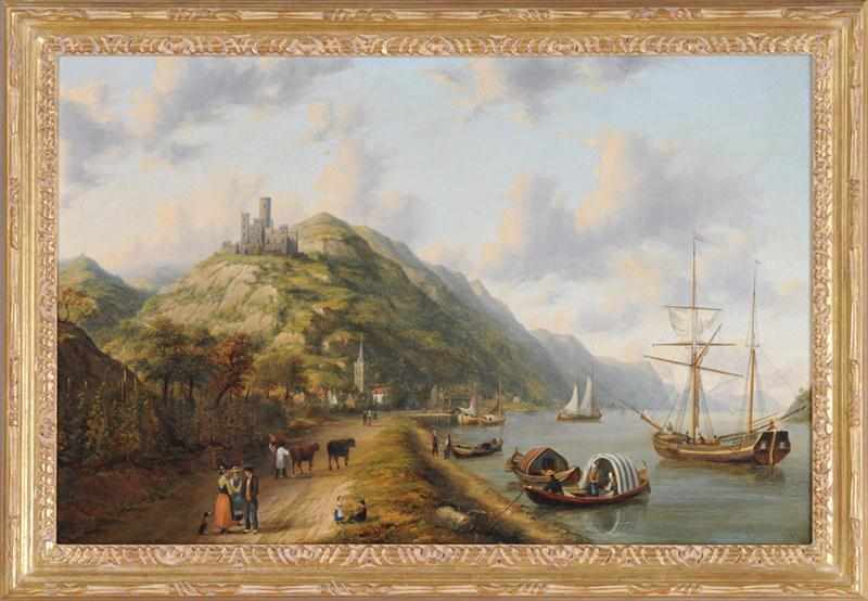 Appraisal: FRENCH SCHOOL SHIPS IN A BAY WITH FIGURES AND TOWN