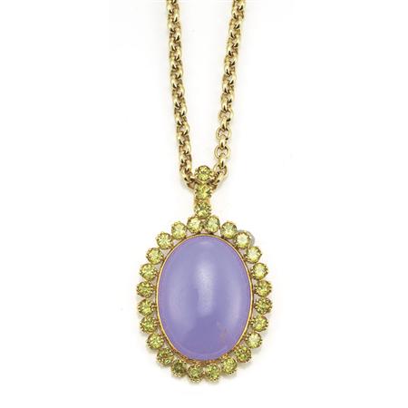 Appraisal: Gold Lavender Jade and Peridot Pendant with Gold Chain Estimate